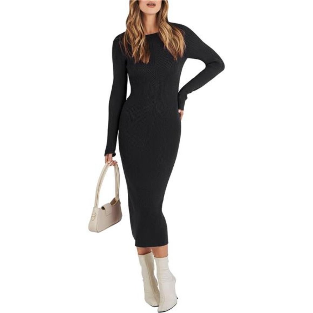 Fall Long Sleeve Sweater Dress Crewneck Slim Fit Ribbed Knit Bodycon Midi Dress